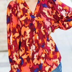New Burgundy Floral Abstract Print V Neck Smocked Top‎ 3X